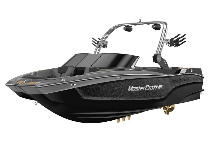 Slide: The Image of Manufacturer Provided Image: 2024 MasterCraft XT22 boat, black exterior, sleek design, wakeboard tower, luxury watercraft. - 13