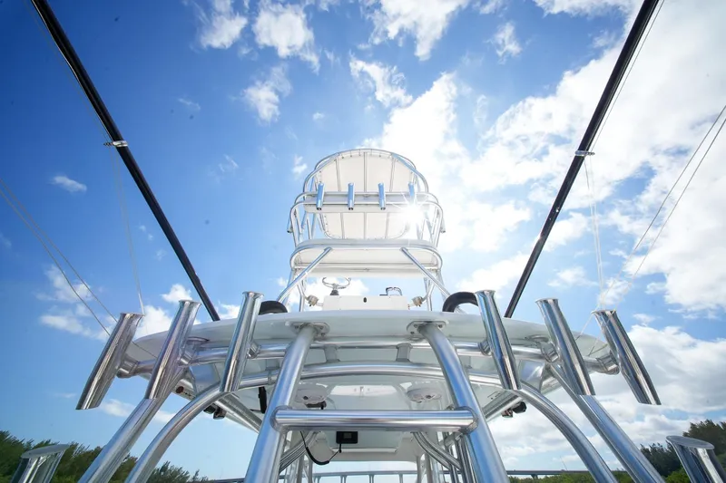 Slide: The Image of 2020 Tideline 365 Offshore boat tower against a bright blue sky. - 82