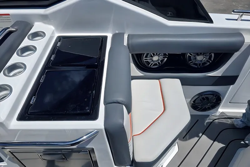 Slide: The Image of Interior of 2025 Grandfort 300 GTS boat with seating and speaker system. - 13