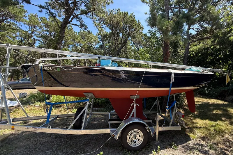 The Image of 2019 Alerion Express 20 sailboat on trailer, surrounded by trees. - 1