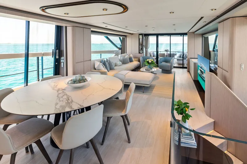 Slide: The Image of Luxurious interior of 2024 Ferretti Yachts 860 with elegant dining and living areas. - 57