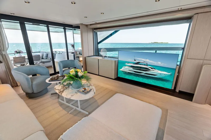 Slide: The Image of Luxurious interior of 2024 Ferretti Yachts 860 with ocean view and modern decor. - 58
