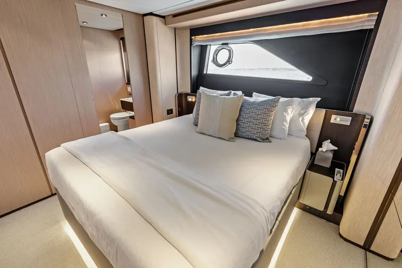 Slide: The Image of Luxurious bedroom interior of 2024 Ferretti Yachts 860, featuring elegant design and modern amenities. - 87