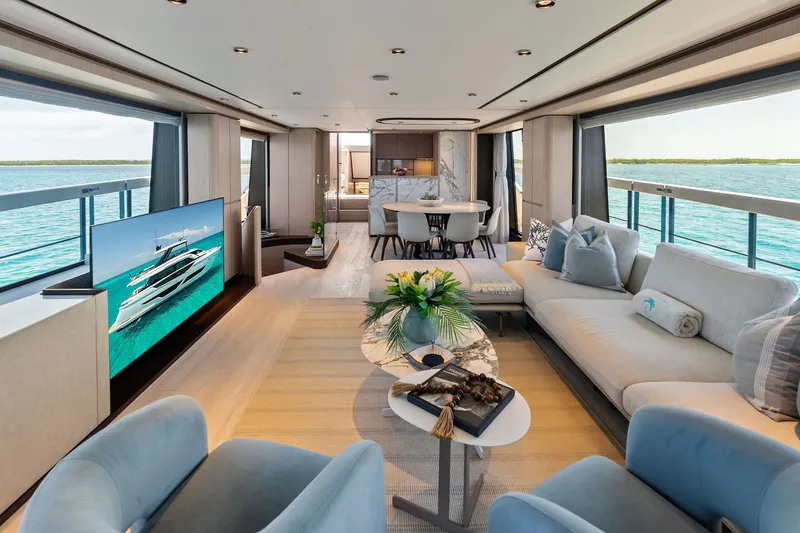 Slide: The Image of Luxurious interior of 2024 Ferretti Yachts 860 with elegant seating and ocean views. - 54