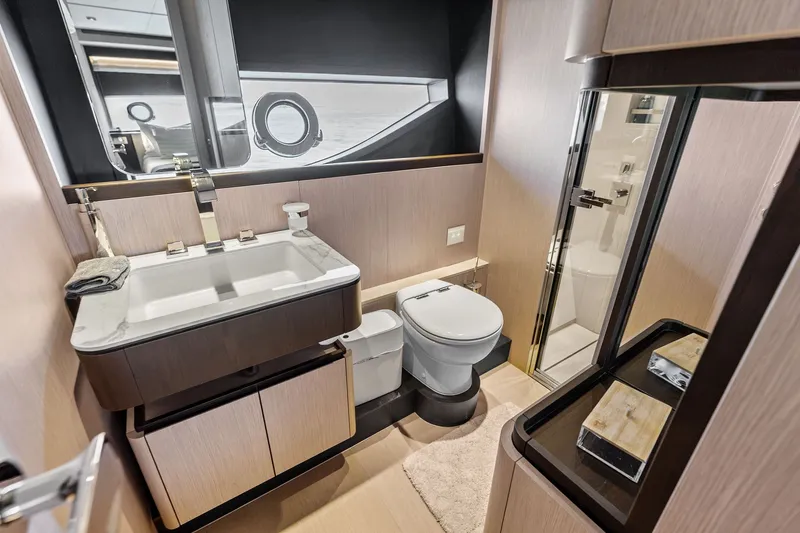 Slide: The Image of Luxurious bathroom interior of 2024 Ferretti Yachts 860, featuring modern fixtures and elegant design. - 101