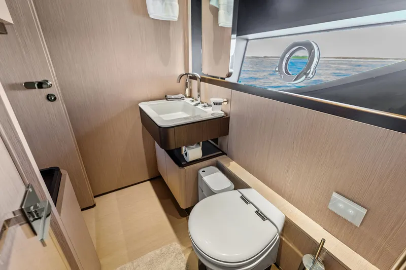 Slide: The Image of Luxurious bathroom interior of 2024 Ferretti Yachts 860 with ocean view. - 102