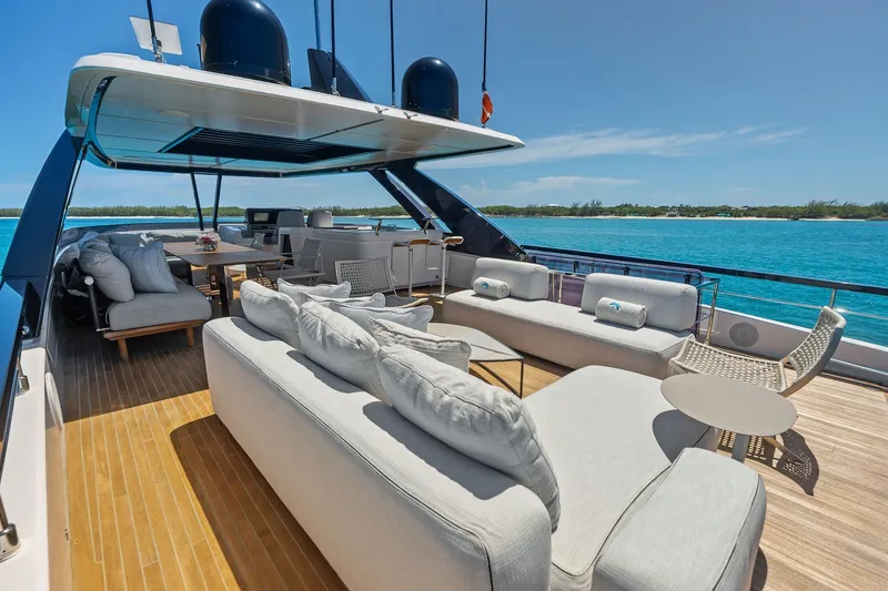 Slide: The Image of Luxurious 2024 Ferretti Yachts 860 deck with elegant seating and ocean view. - 38