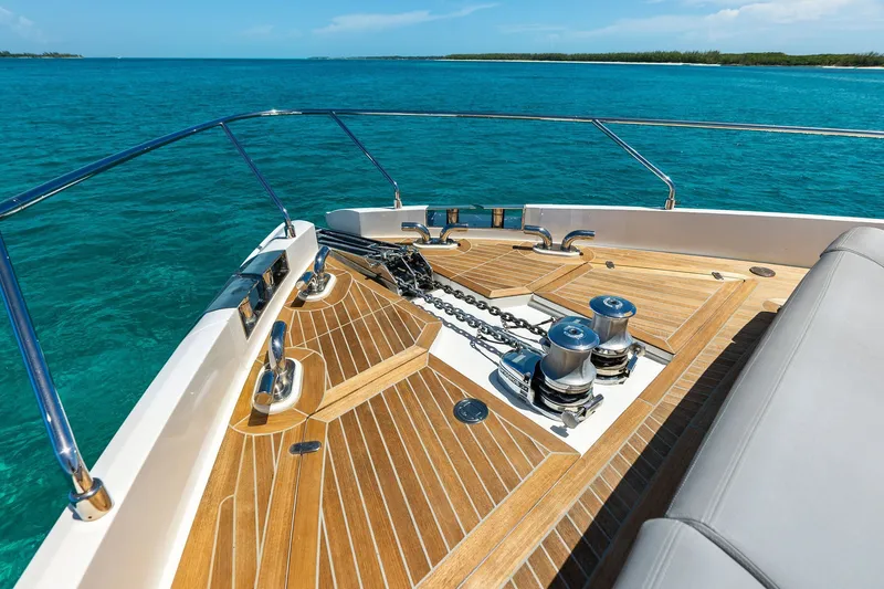 Slide: The Image of Bow of 2024 Ferretti Yachts 860 with teak deck and ocean view. - 34
