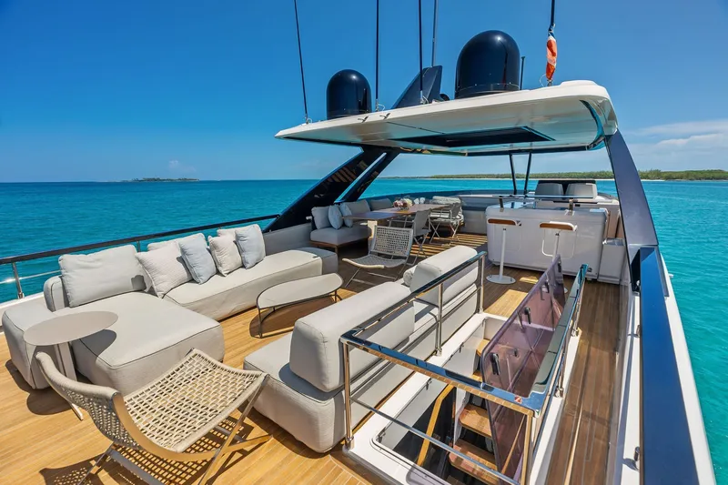 Slide: The Image of Luxurious 2024 Ferretti Yachts 860 with elegant deck, ocean view, and modern seating. - 37
