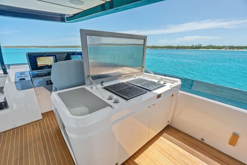 Slide: The Image of Luxurious 2024 Ferretti Yachts 860 with outdoor kitchen and stunning ocean view. - 43