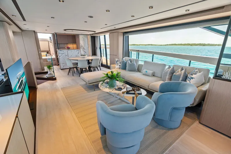 Slide: The Image of Luxurious interior of 2024 Ferretti Yachts 860 with elegant seating and ocean view. - 55
