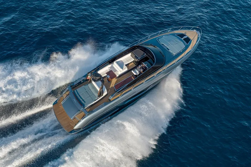 Slide: The Image of Aerial view of 2027 Riva 56' Rivale yacht cruising on open sea. - 4