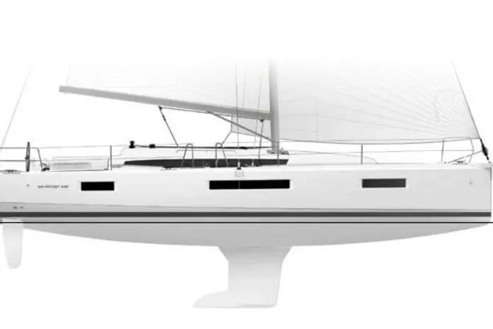 Slide: The Image of Jeanneau Sun Odyssey 440 sailboat, 2022 model, side view, sleek design, white hull. - 36