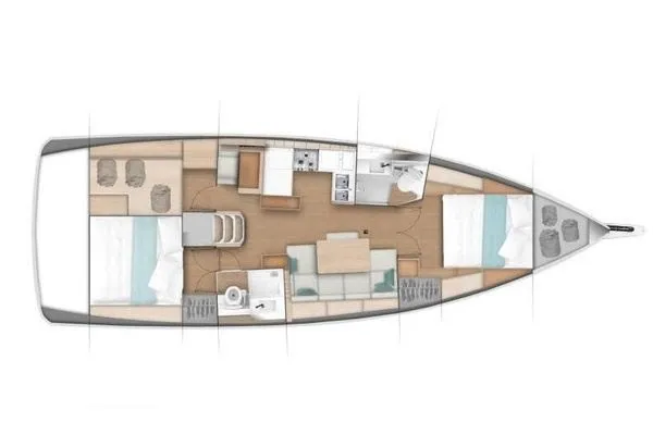 Slide: The Image of Floor plan of a 2022 Jeanneau Sun Odyssey 440 sailboat, featuring spacious cabins and modern amenities. - 35