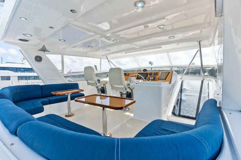 Slide: The Image of Luxurious 2005 Grand Banks 72 Aleutian RP yacht interior with blue seating and helm station. - 135