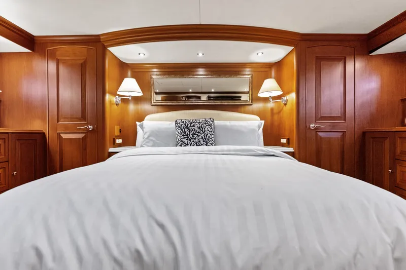 Slide: The Image of Luxurious bedroom interior of 2005 Grand Banks 72 Aleutian RP yacht with elegant wood paneling. - 97