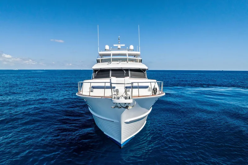 Slide: The Image of Front view of 2005 Grand Banks 72 Aleutian RP yacht on open sea. - 201