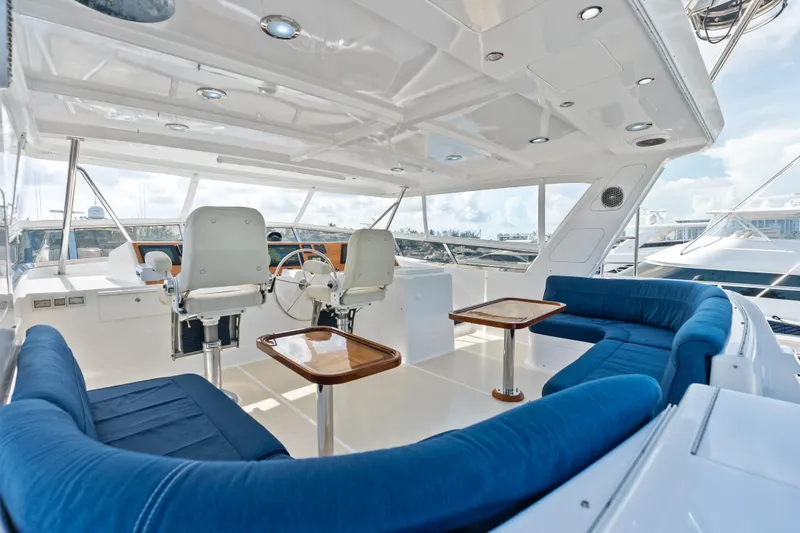 Slide: The Image of Luxurious 2005 Grand Banks 72 Aleutian RP yacht interior with blue seating and helm station. - 136