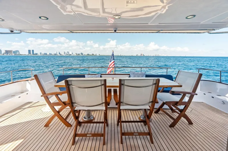 Slide: The Image of Deck view from 2005 Grand Banks 72 Aleutian RP yacht, overlooking ocean and city skyline. - 27