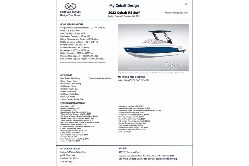 Slide: The Image of 2022 Cobalt R8 Surf boat specifications and design details with personalized options. - 13
