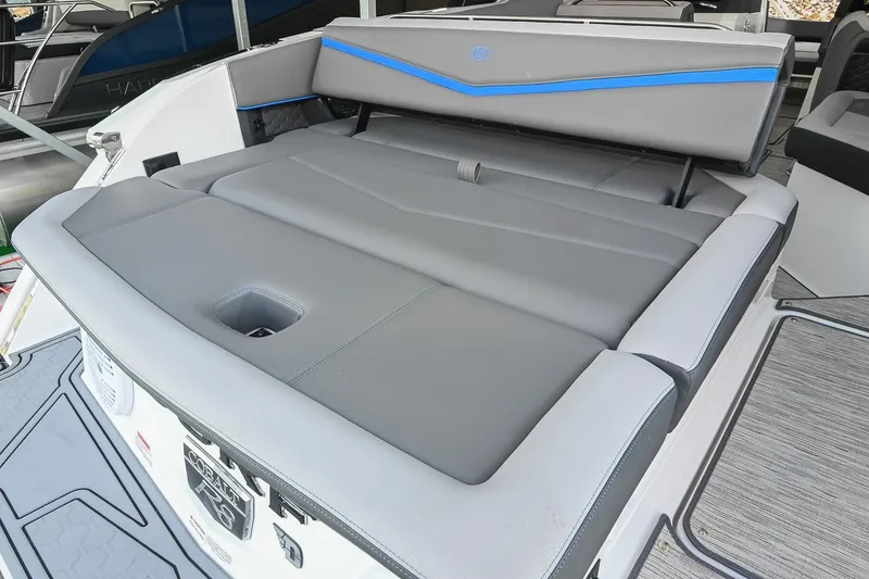 Slide: The Image of 2022 Cobalt R8 Surf boat with sleek gray seating and modern design. - 10