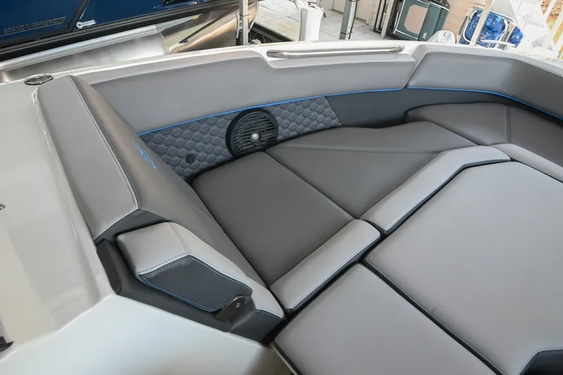 Slide: The Image of 2022 Cobalt R8 Surf boat interior with sleek gray seating and modern design. - 43