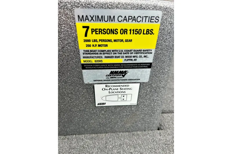 Slide: The Image of 2009 Ranger 620VS Fisherman capacity label: 7 persons or 1150 lbs, 250 HP motor. - 61