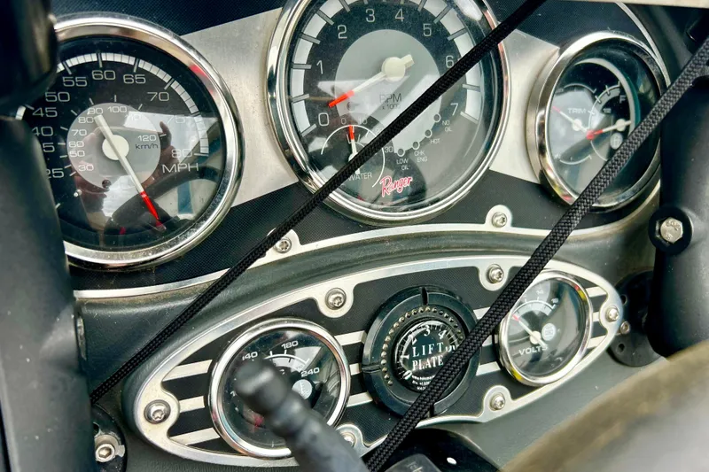 Slide: The Image of Dashboard of a 2009 Ranger 620VS Fisherman boat with various gauges and controls. - 32
