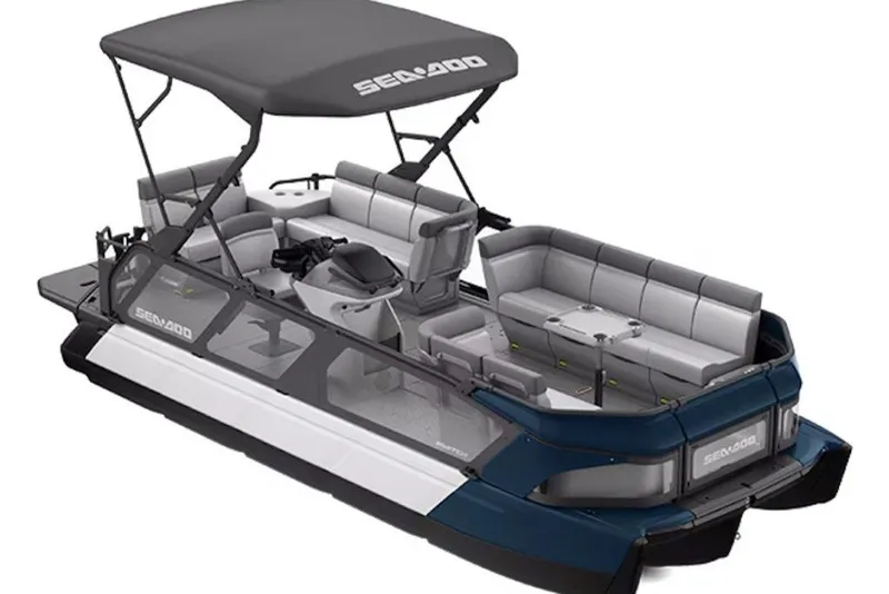 Slide: The Image of 2026 Sea-Doo Switch Cruise 21 pontoon boat with spacious seating and canopy. - 5