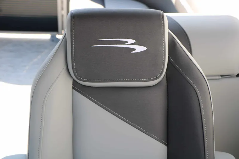 Slide: The Image of Close-up of a gray and black boat seat with embroidered logo. - 45