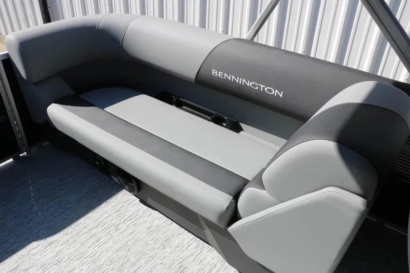 Slide: The Image of Gray and black seating with Bennington logo on a boat. - 46