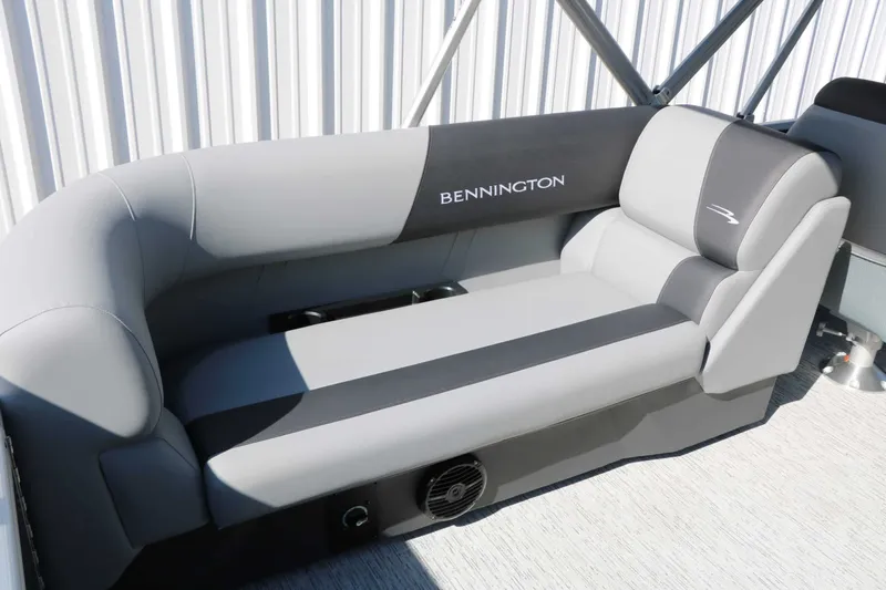Slide: The Image of Gray and black seating in a Bennington boat, featuring modern design and comfortable upholstery. - 48