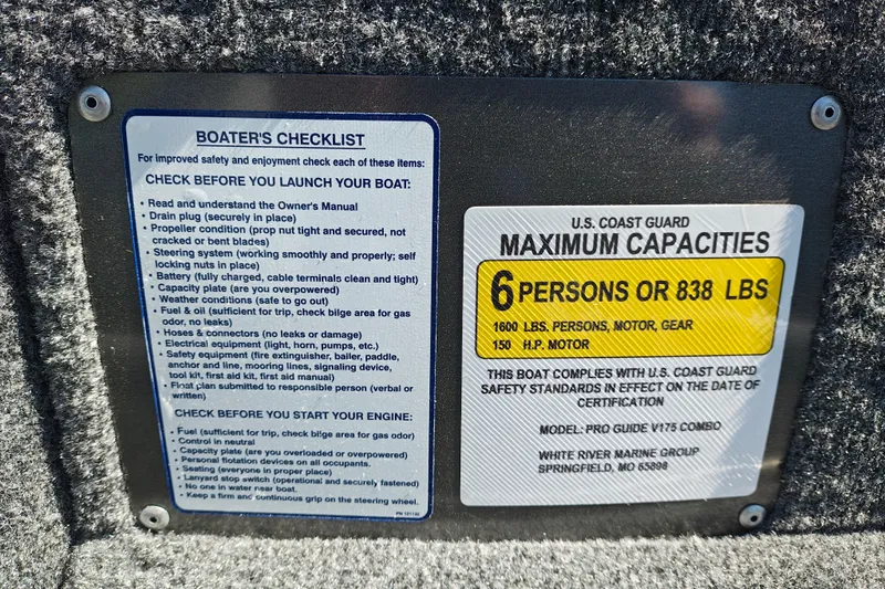 Slide: The Image of 2027 Tracker Pro Guide V-175 Combo boat safety checklist and capacity label, 6 persons or 838 lbs. - 21