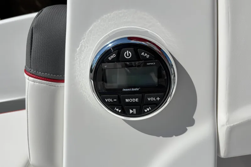 Slide: The Image of Audio control panel on 2027 Tahoe T16 boat dashboard, featuring volume and mode buttons. - 7