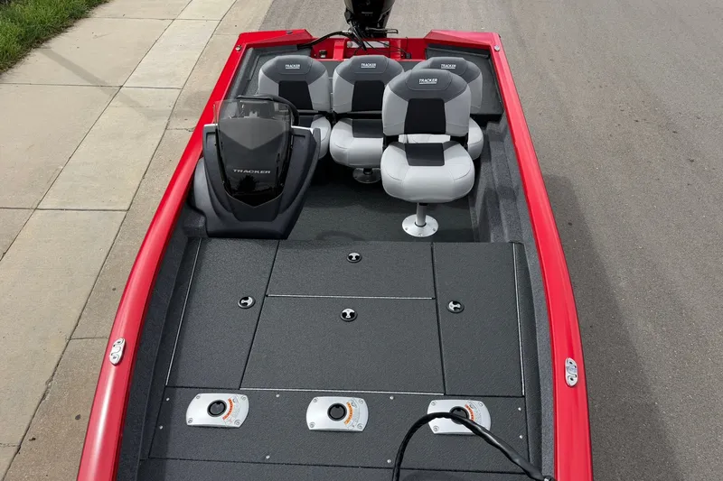 Slide: The Image of 2027 Tracker Pro Team 175 Crappie Edition boat with red exterior and dual seating. - 13