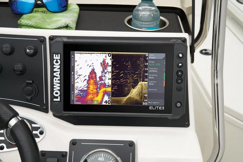 Slide: The Image of Manufacturer Provided Image: Manufacturer Provided Image: Lowrance Elite fish finder on 2025 Ranger RB190 boat dashboard. - 56