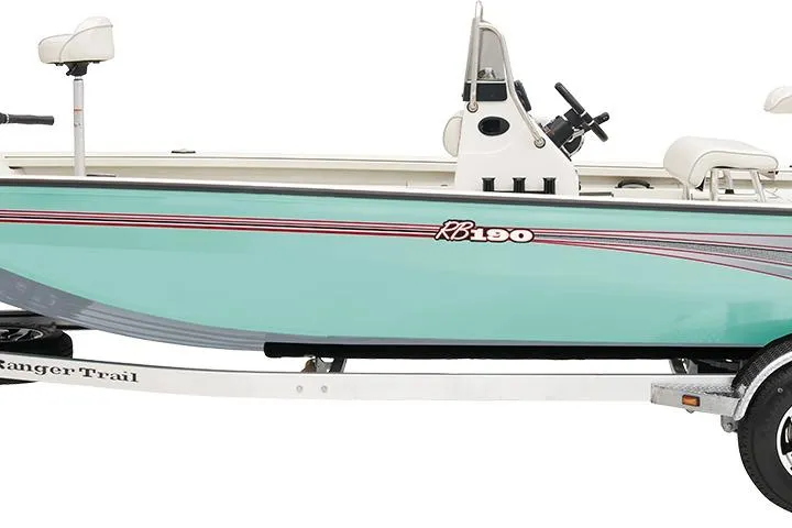 Slide: The Image of Manufacturer Provided Image: 2026 Ranger RB190 boat on trailer, featuring sleek design and turquoise hull. - 81