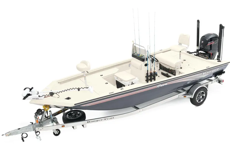 Slide: The Image of Manufacturer Provided Image: Manufacturer Provided Image: 2025 Ranger RB190 boat on trailer, featuring fishing rods and motor. - 11