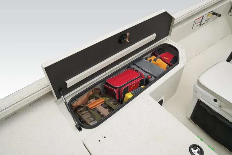 Slide: The Image of Manufacturer Provided Image: Manufacturer Provided Image: 2025 Ranger RB190 boat storage compartment with organized fishing gear and tackle boxes. - 42