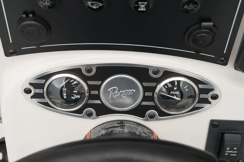 Slide: The Image of Manufacturer Provided Image: Manufacturer Provided Image: Dashboard of 2025 Ranger RB190 boat with fuel and trim gauges. - 52