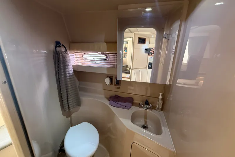 Slide: The Image of 1999 Cruisers Yachts 3075 Rogue bathroom with sink, mirror, and towel. - 47