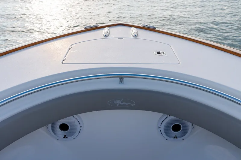 Slide: The Image of Bow of 2021 Valhalla V-33 boat with ocean backdrop. - 25