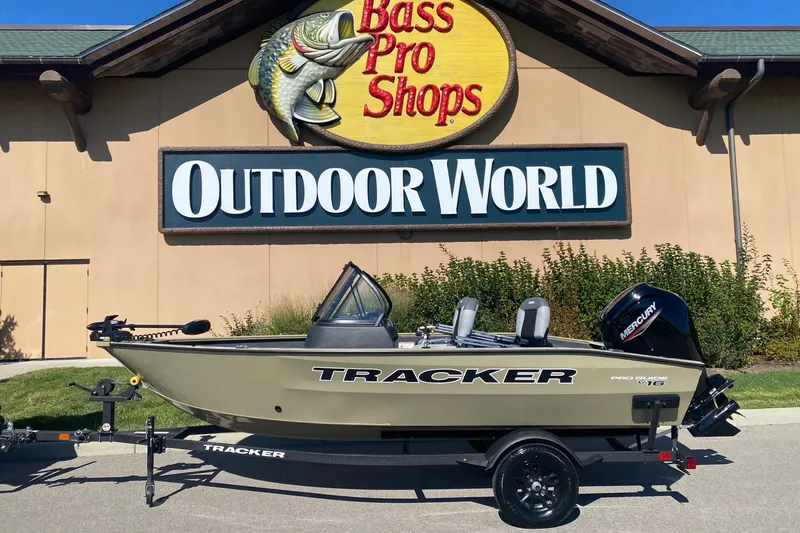 Slide: The Image of 2027 Tracker Pro Guide V-16 WT boat displayed at Bass Pro Shops Outdoor World. - 39