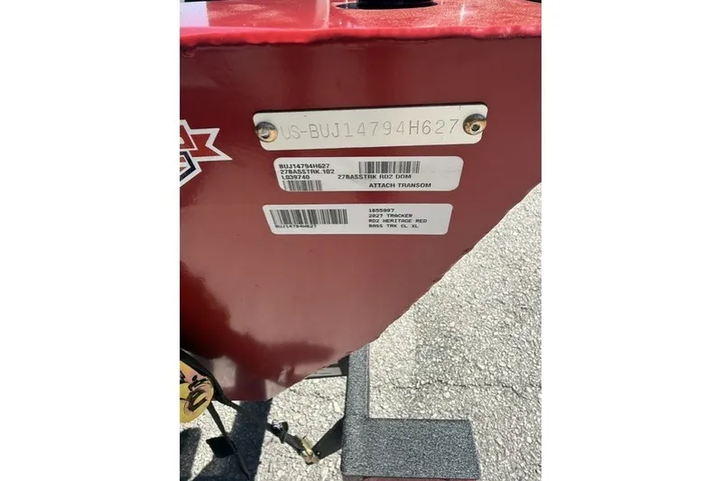 Slide: The Image of 2027 Tracker Bass Tracker Classic XL transom with identification plates and serial numbers. - 61