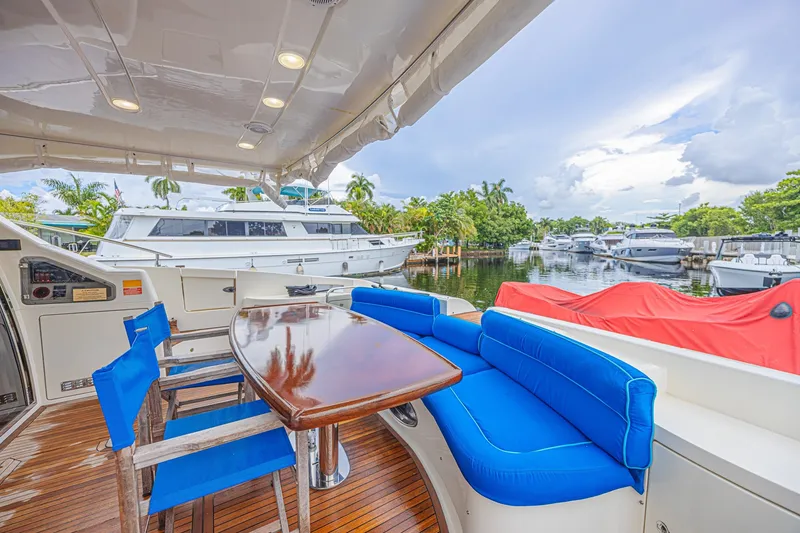 Slide: The Image of Luxurious 2008 Azimut 62 yacht deck with blue seating and wooden table. - 17