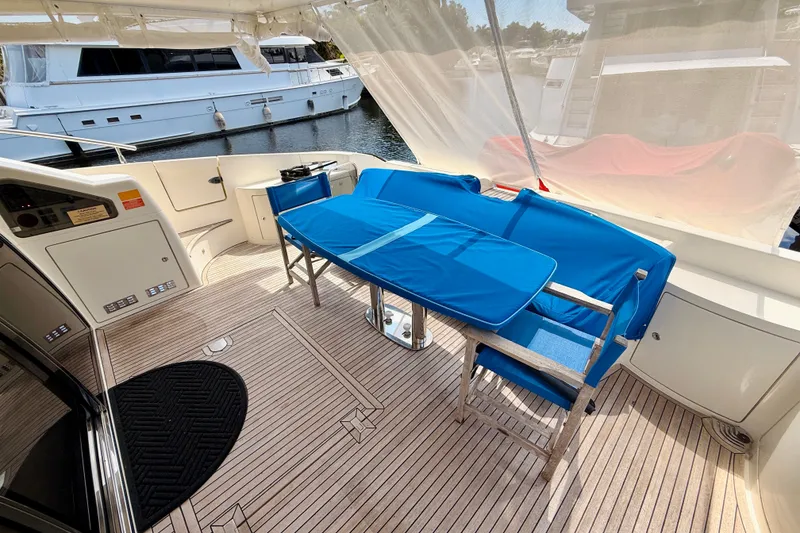 Slide: The Image of Luxurious 2008 Azimut 62 yacht deck with blue seating and wooden flooring. - 13
