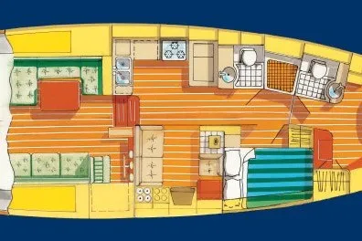 Slide: The Image of Floor plan of a 2008 Bruckmann 50 MKII yacht, featuring cabins, kitchen, and bathrooms. - 75