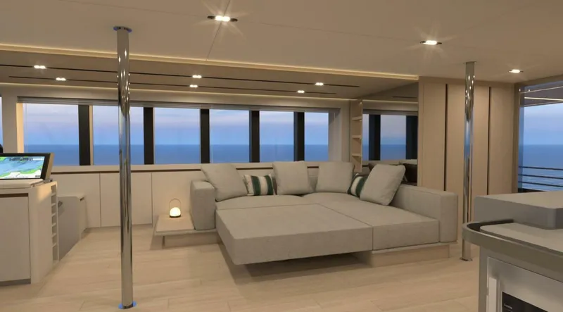 Slide: The Image of Luxurious interior of 2025 Archipelago A-80 Expedition yacht with modern seating and ocean view. - 8