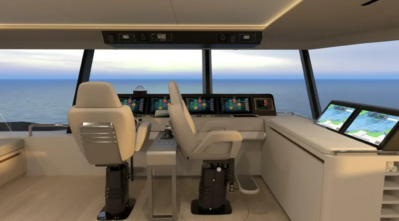 Slide: The Image of Modern cockpit of 2025 Archipelago A-80 Expedition yacht with advanced navigation systems. - 9