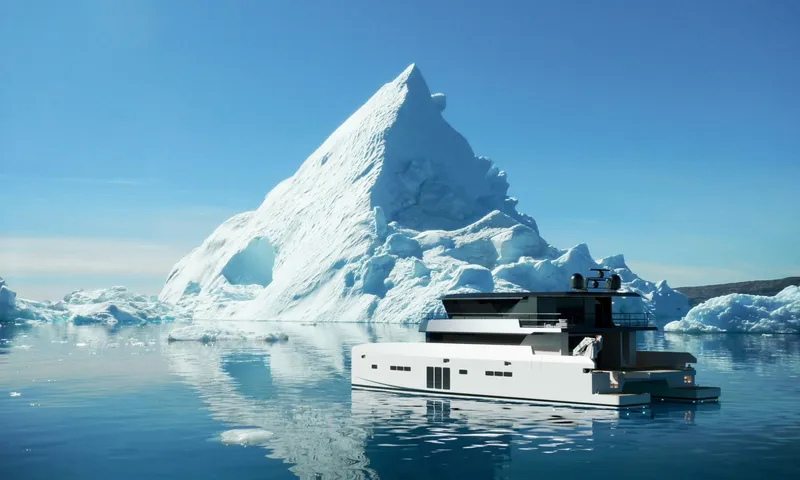 Slide: The Image of Archipelago A-80 Expedition yacht navigating icy waters near a large iceberg, 2025 model. - 3
